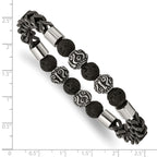 Stainless Steel Antiqued and Polished Black IP-plated Chain 8mm Lava Stone Beaded Stretch Bracelet