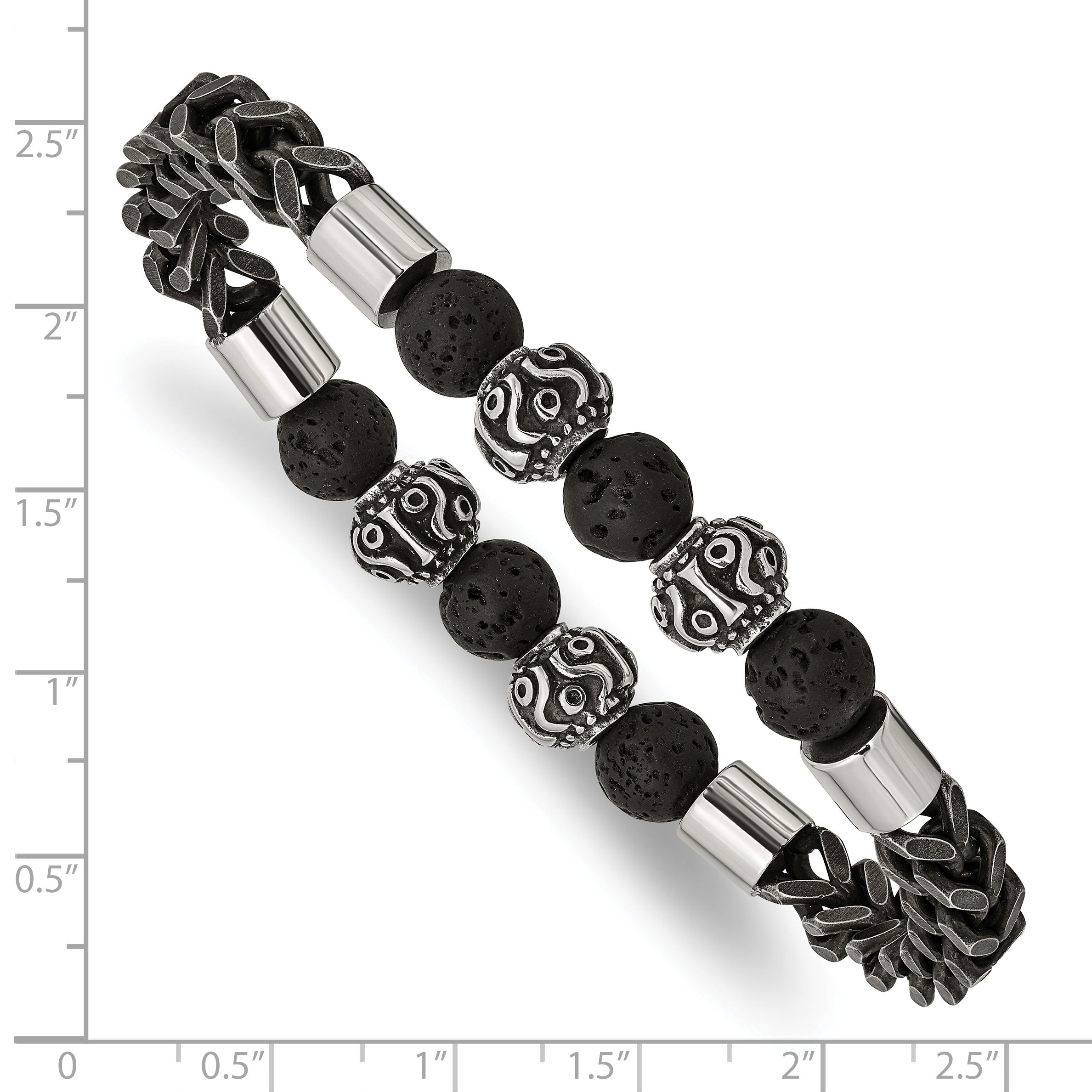 Stainless Steel Antiqued and Polished Black IP-plated Chain 8mm Lava Stone Beaded Stretch Bracelet