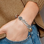 Stainless Steel Antiqued and Polished Cross 8mm Natural Turquoise Beaded Stretch Bracelet