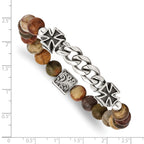 Stainless Steel Antiqued and Polished Cross 8mm Natural Turquoise Beaded Stretch Bracelet