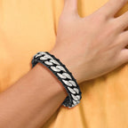 Stainless Steel Brushed Curb Chain and Black Leather Bracelet for Men
