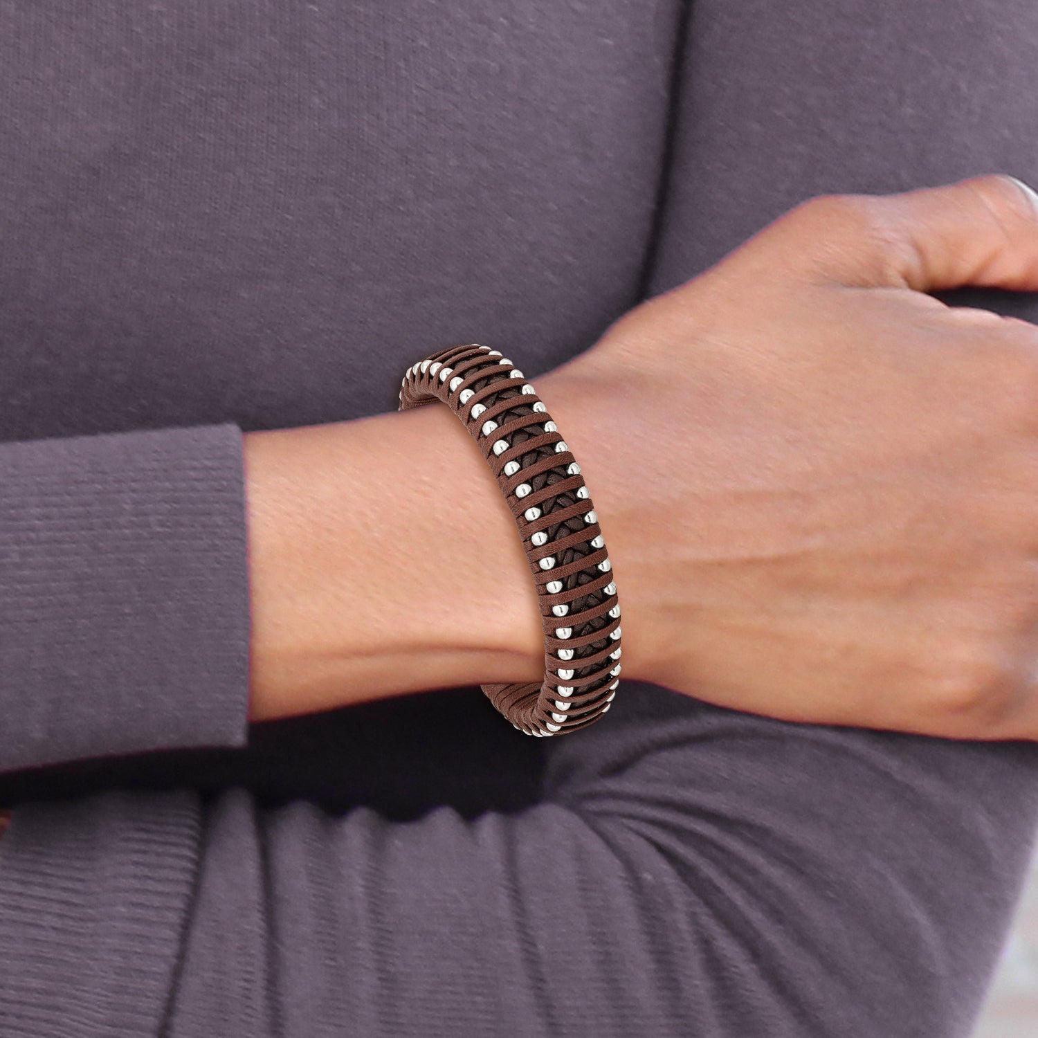 Stainless Steel Polished Beaded Brown Leather Bracelet for Men