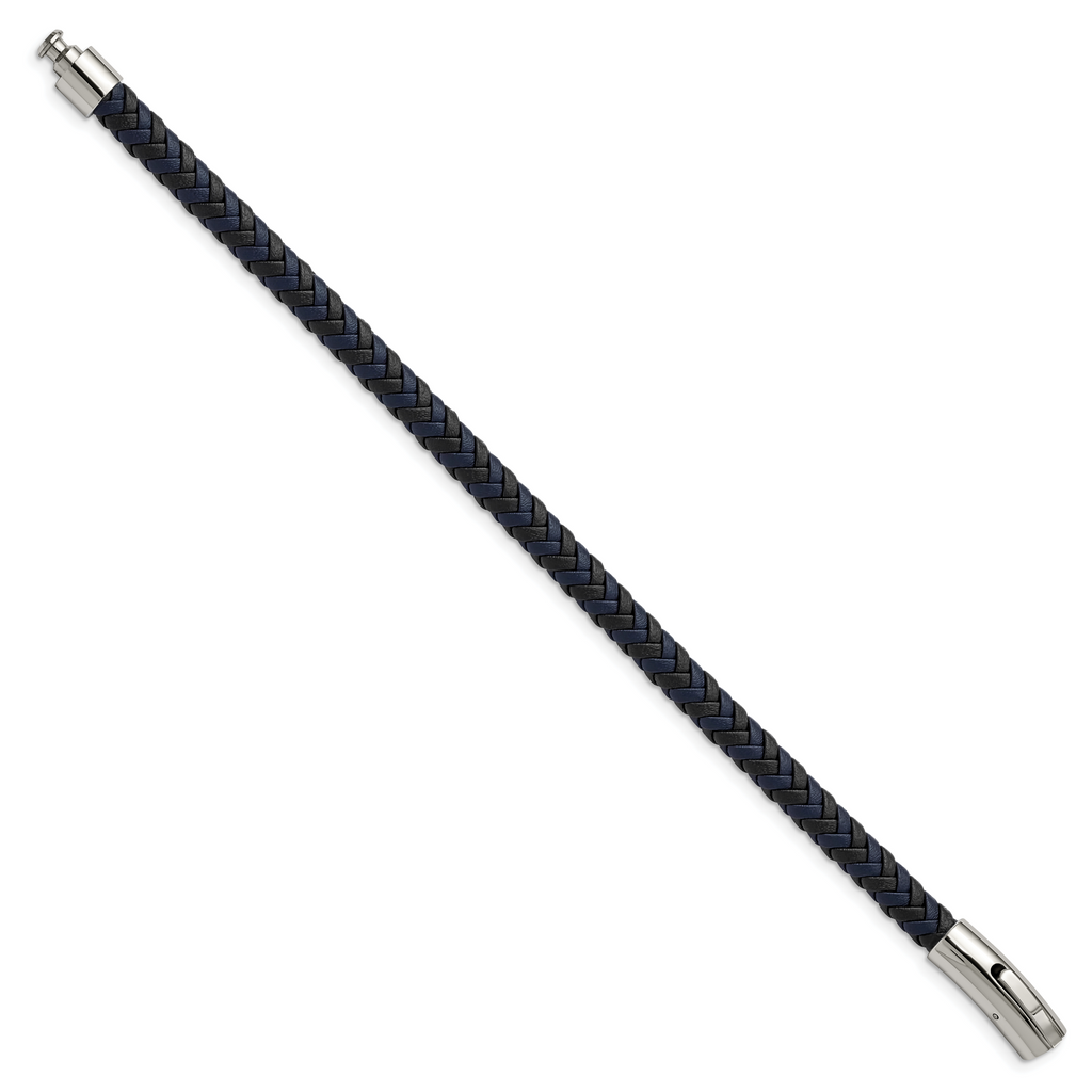 Stainless Steel Polished Black and Blue Braided Leather Bracelet