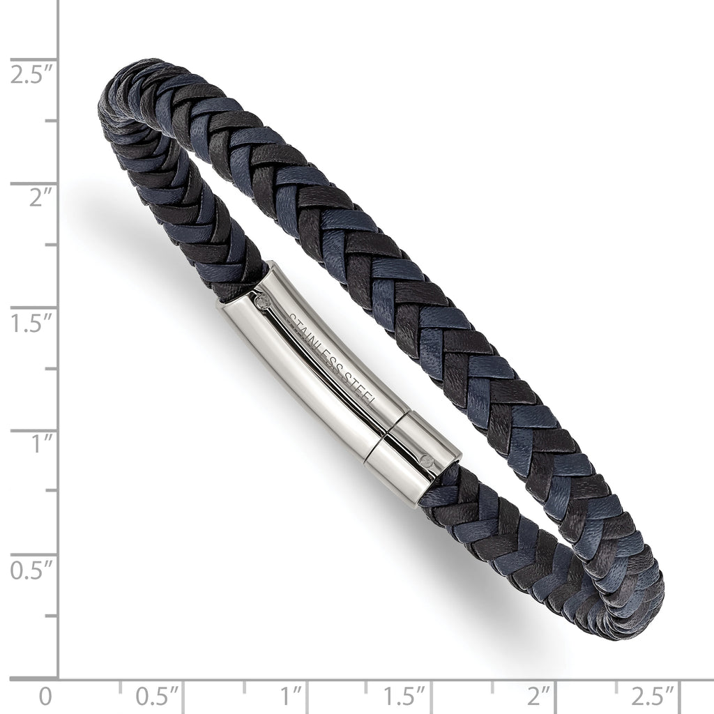 Stainless Steel Polished Black and Blue Braided Leather Bracelet