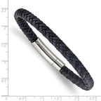 Stainless Steel Polished Black and Blue Braided Leather Bracelet