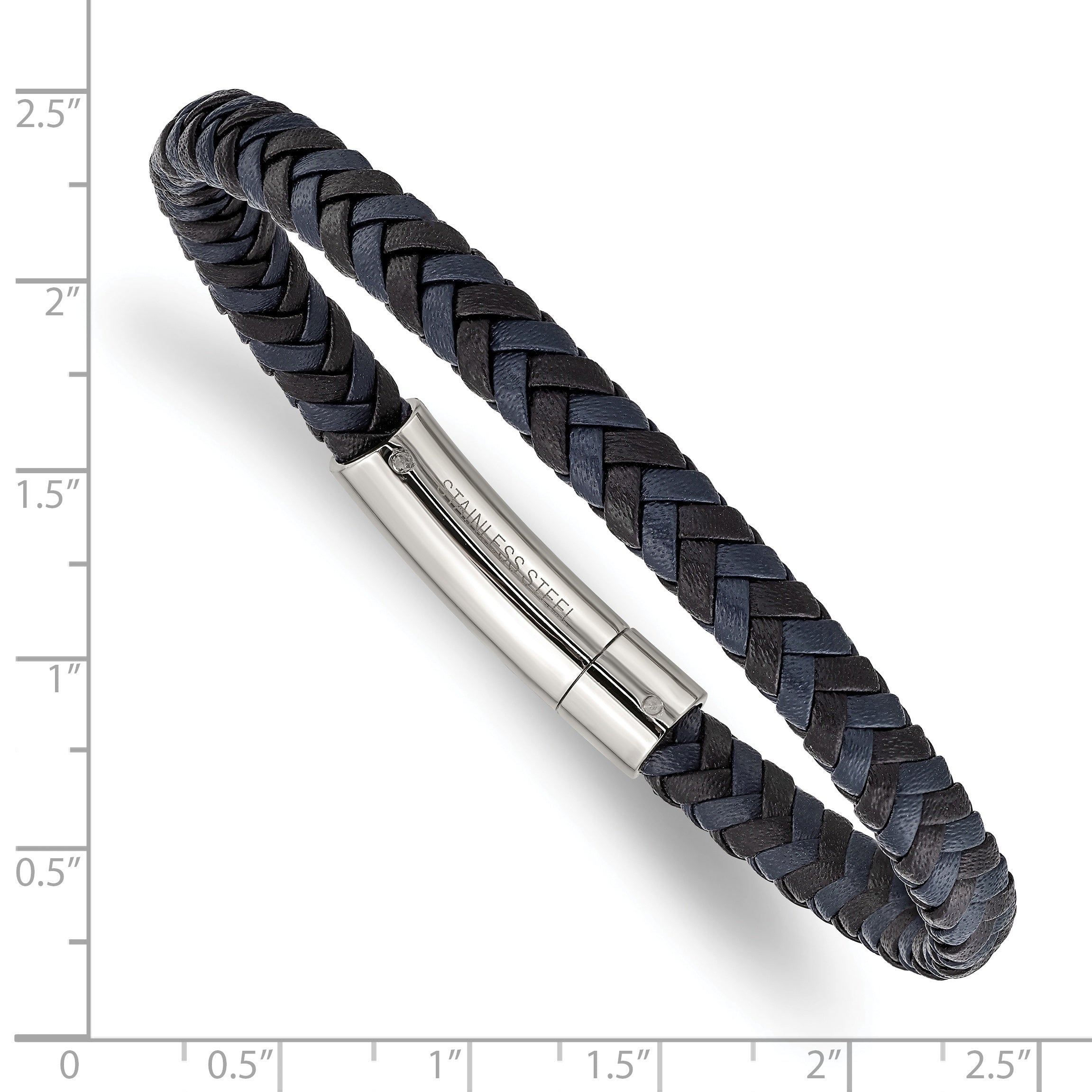 Stainless Steel Polished Black and Blue Braided Leather Bracelet
