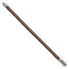 Stainless Steel Polished Brown Braided Leather Bracelet