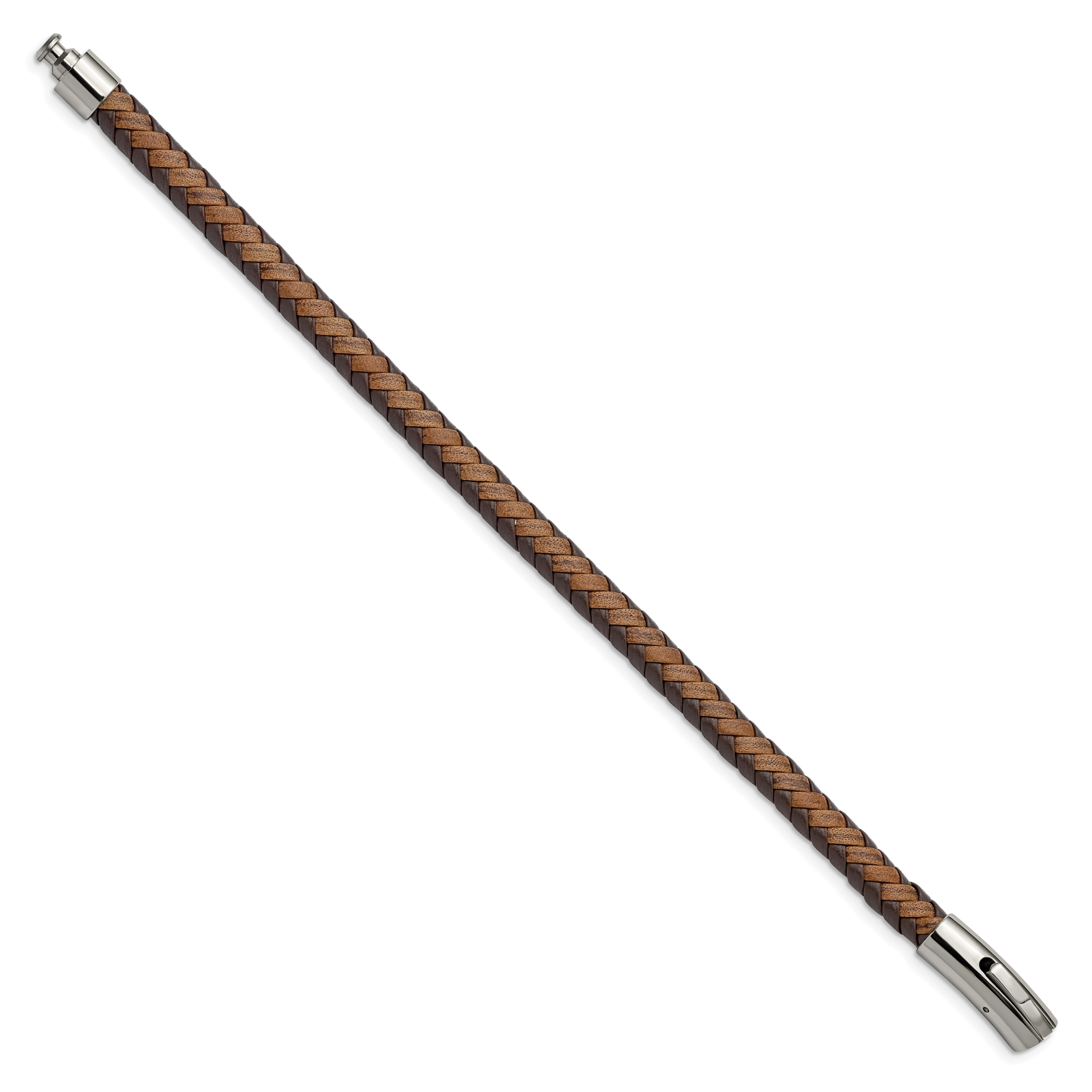 Stainless Steel Polished Brown Braided Leather Bracelet
