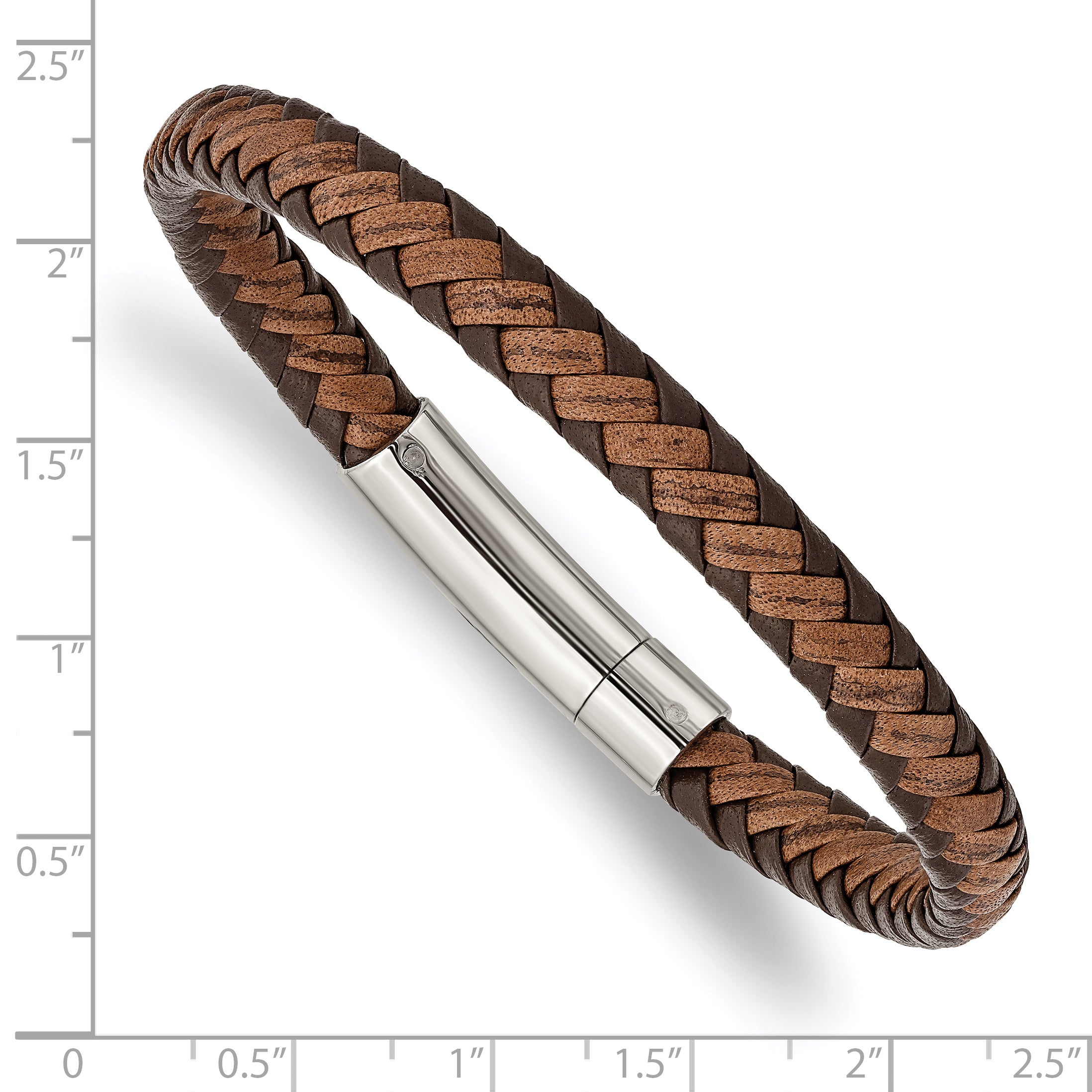 Stainless Steel Polished Brown Braided Leather Bracelet