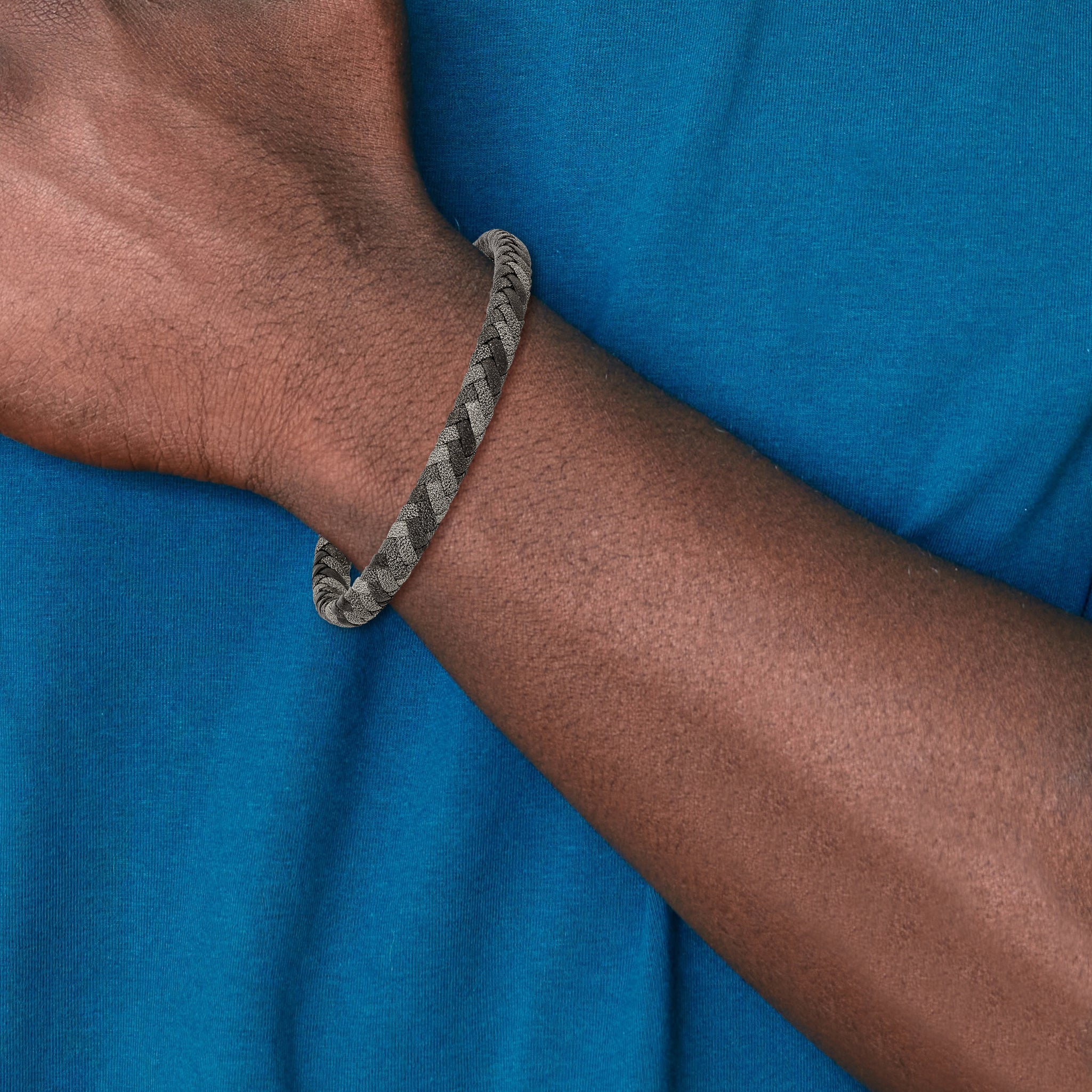 Stainless Steel Polished Black and Grey Braided Leather Bracelet