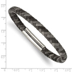 Stainless Steel Polished Black and Grey Braided Leather Bracelet