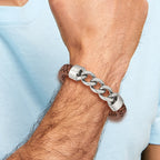 Stainless Steel Polished Chain and Braided Brown Leather Bracelet