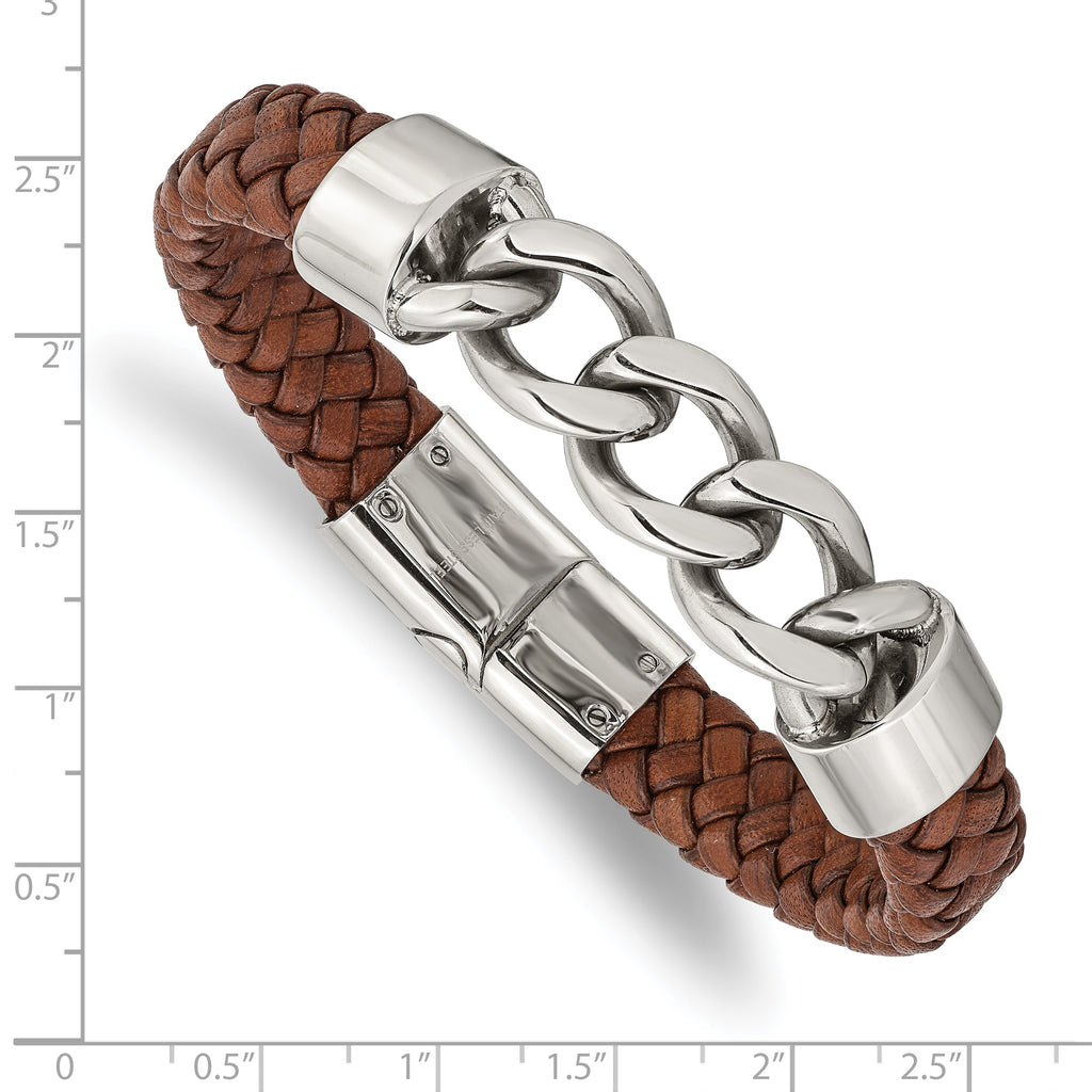 Stainless Steel Polished Chain and Braided Brown Leather Bracelet