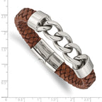 Stainless Steel Polished Chain and Braided Brown Leather Bracelet