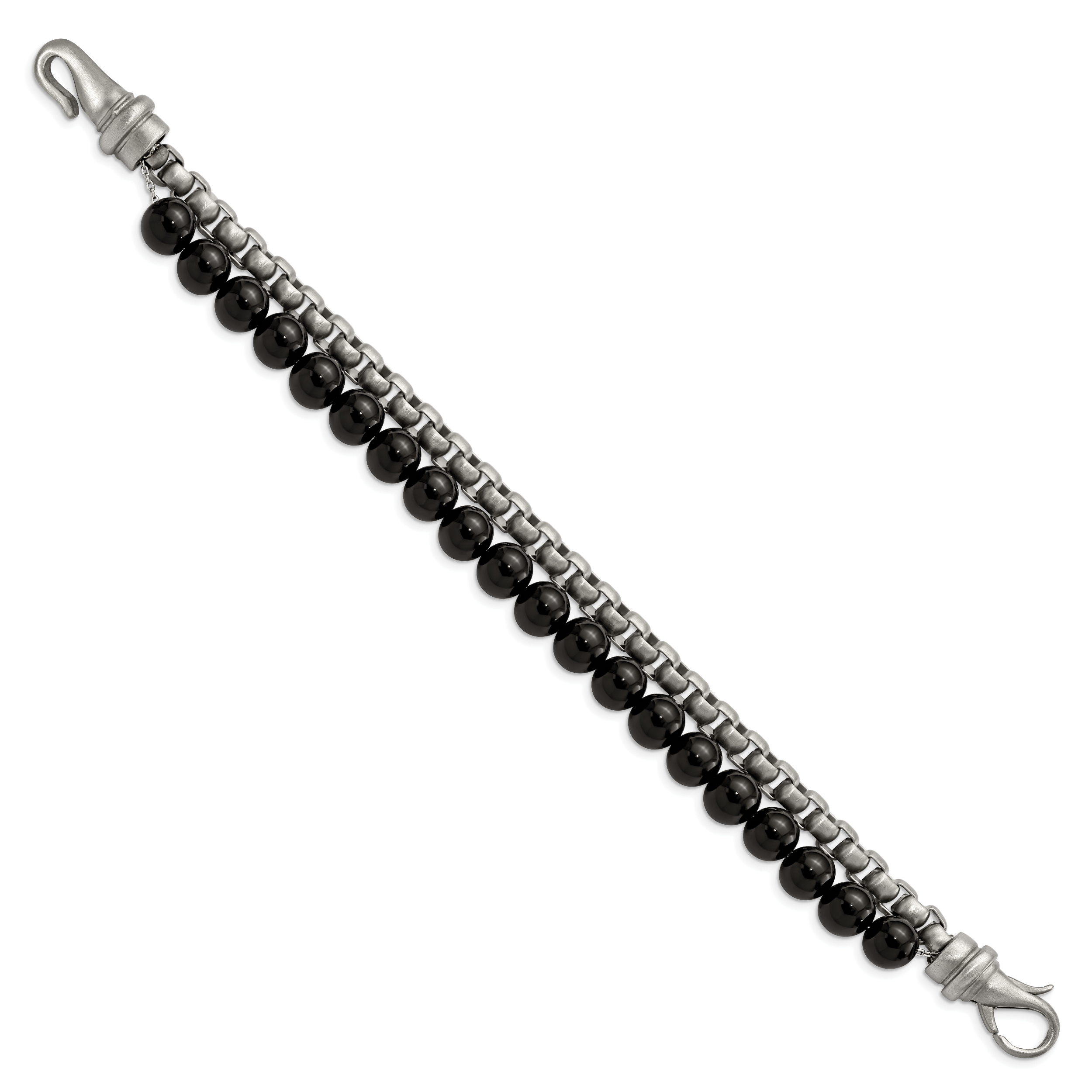 Stainless Steel Brushed Box Chain & Black Onyx 2 Strand Bracelet