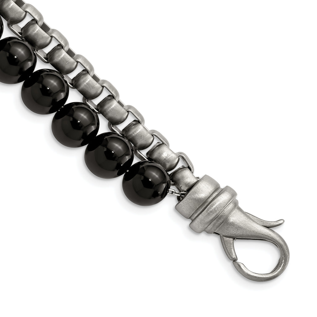 Stainless Steel Brushed Box Chain & Black Onyx 2 Strand Bracelet
