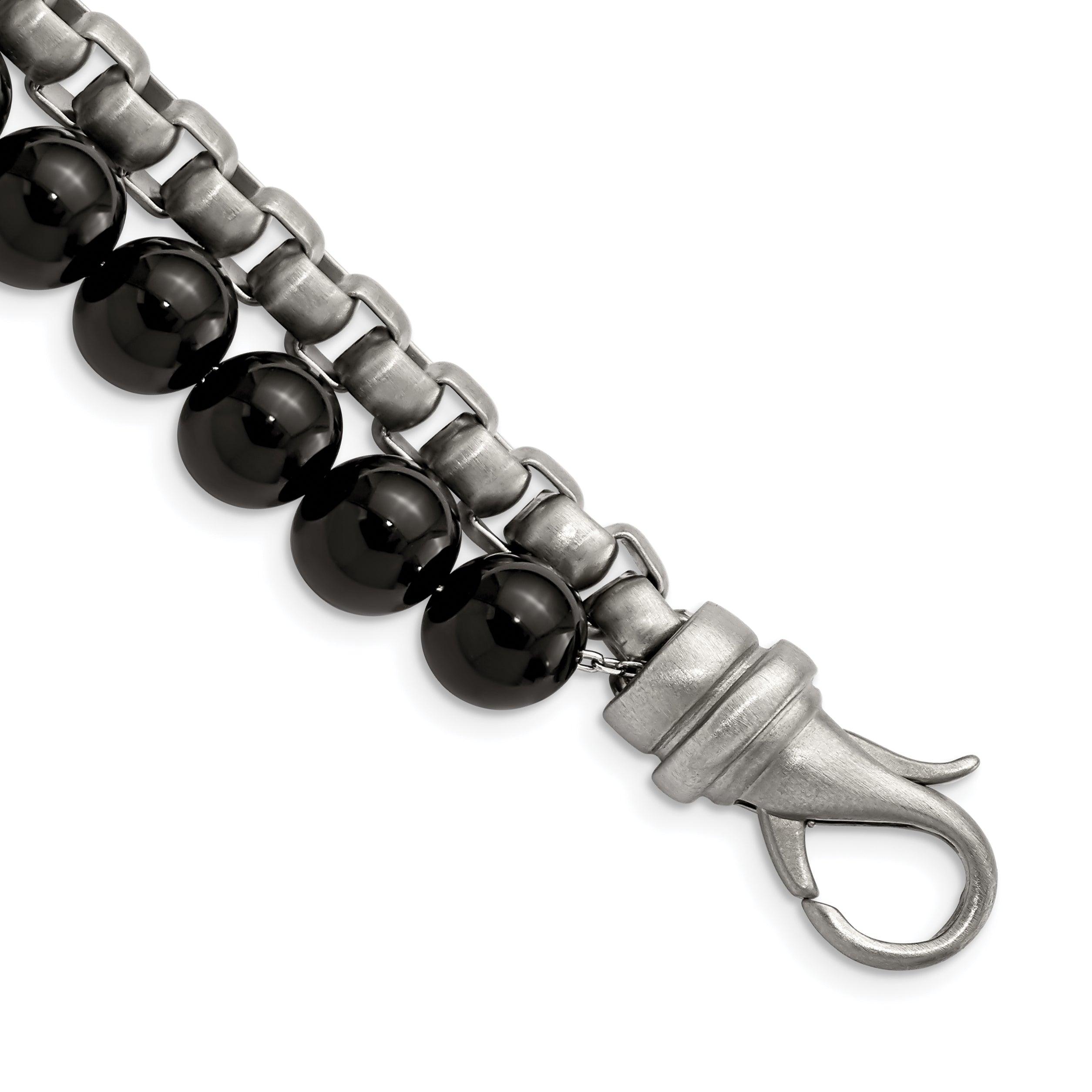Stainless Steel Brushed Box Chain & Black Onyx 2 Strand Bracelet
