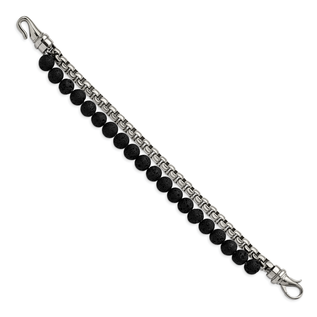 Stainless Steel Polished Box Chain & Lava Stone 2 Stand Bracelet