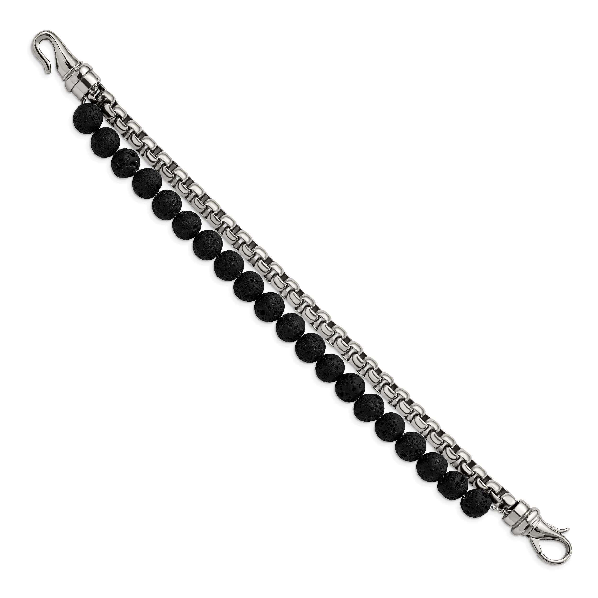 Stainless Steel Polished Box Chain & Lava Stone 2 Stand Bracelet