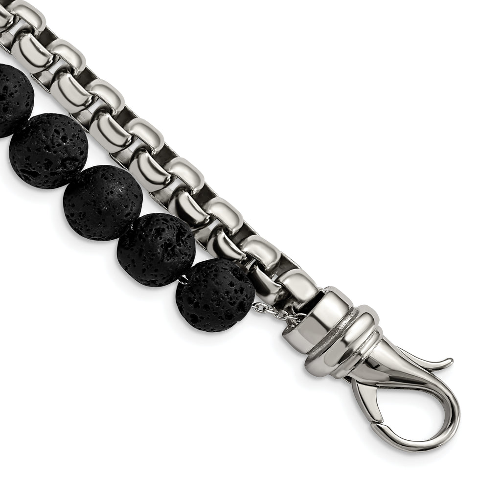 Stainless Steel Polished Box Chain & Lava Stone 2 Stand Bracelet