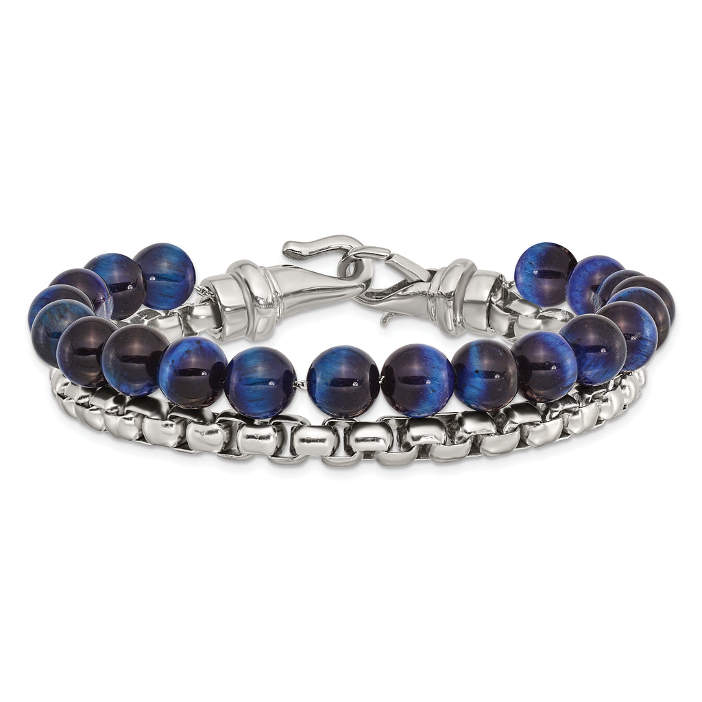 Stainless Steel Polished Box Chain and Blue Tiger's Eye Beads 2 Strand Bracelet