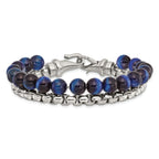 Stainless Steel Polished Box Chain and Blue Tiger's Eye Beads 2 Strand Bracelet