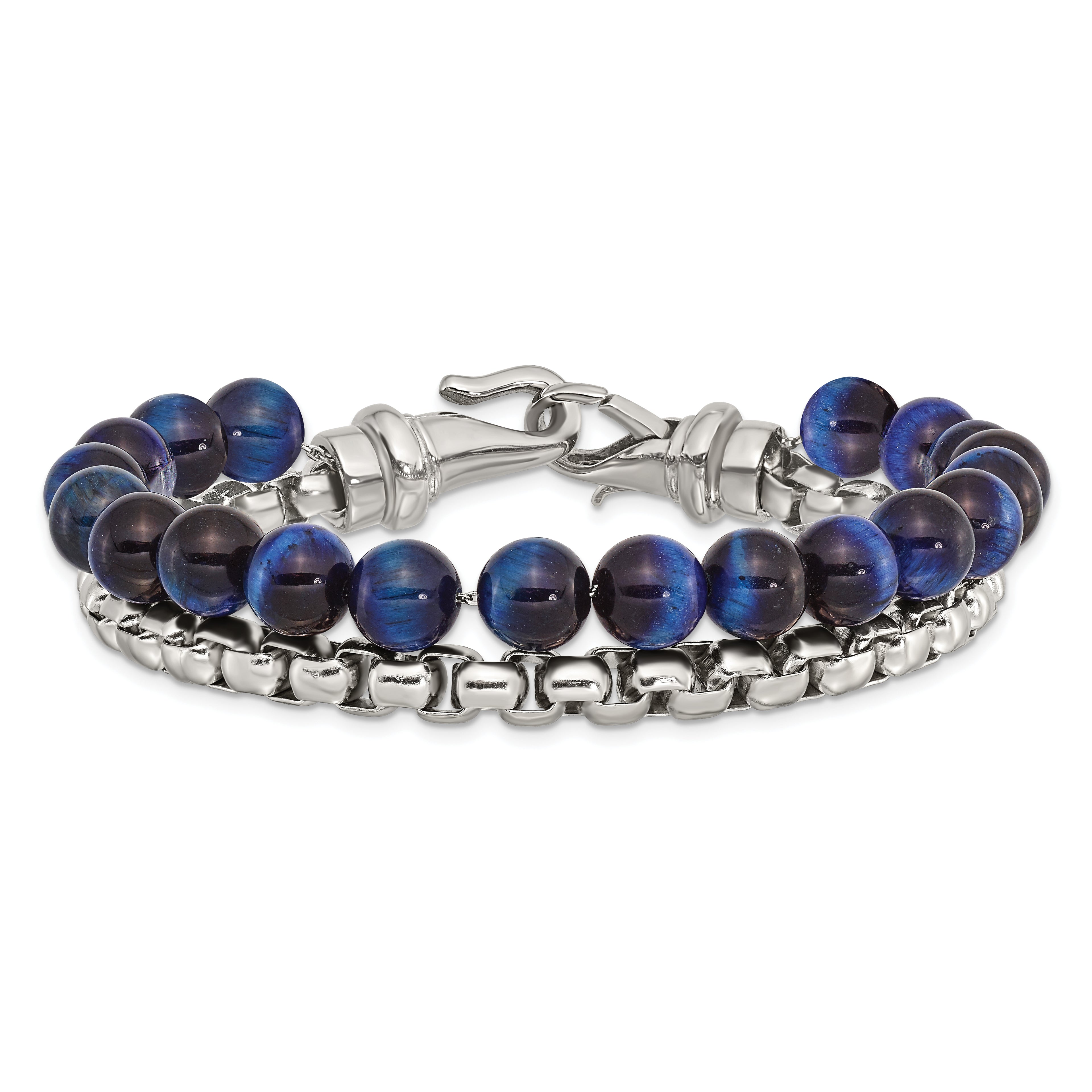 Stainless Steel Polished Box Chain and Blue Tiger's Eye Beads 2 Strand Bracelet