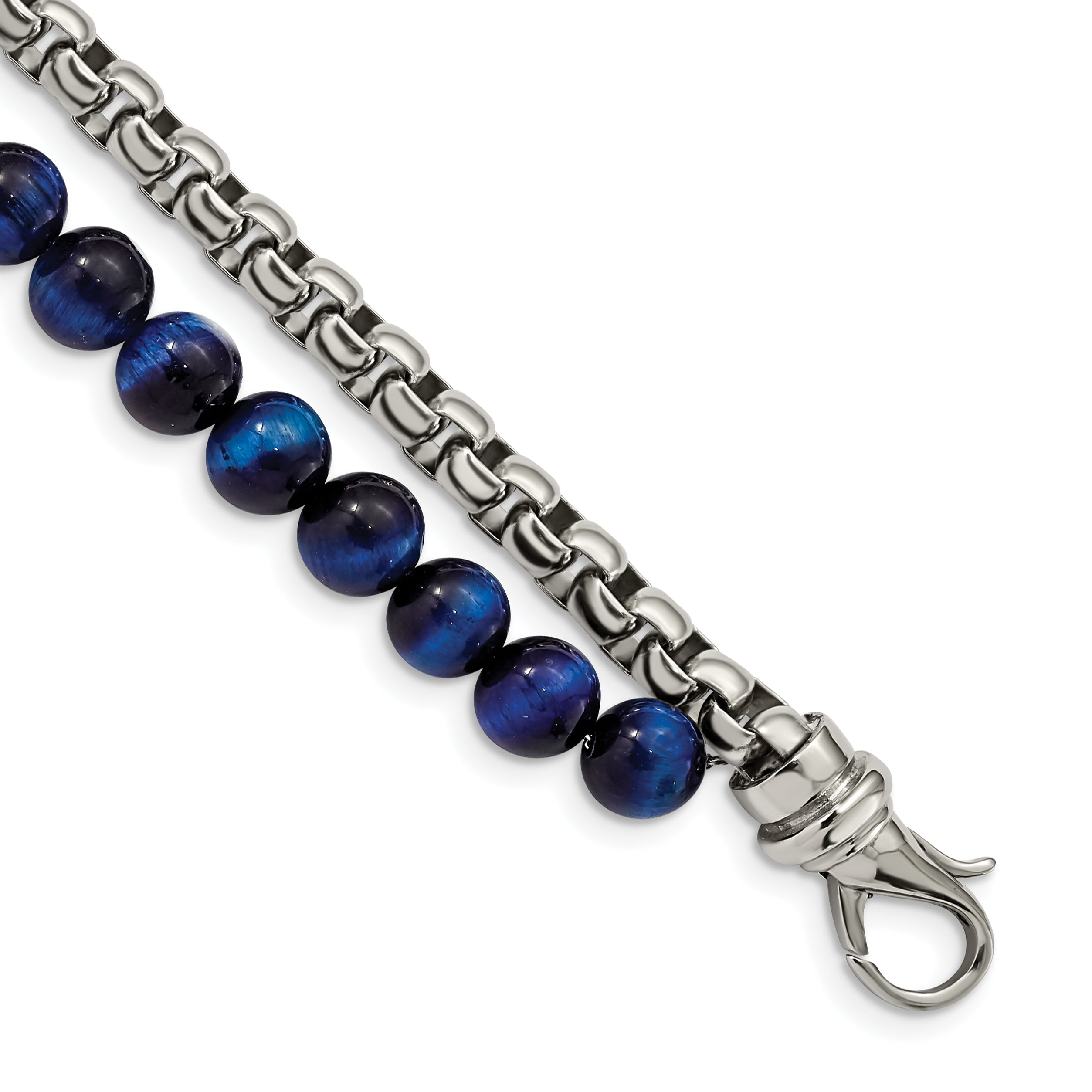 Stainless Steel Polished Box Chain and Blue Tiger's Eye Beads 2 Strand Bracelet