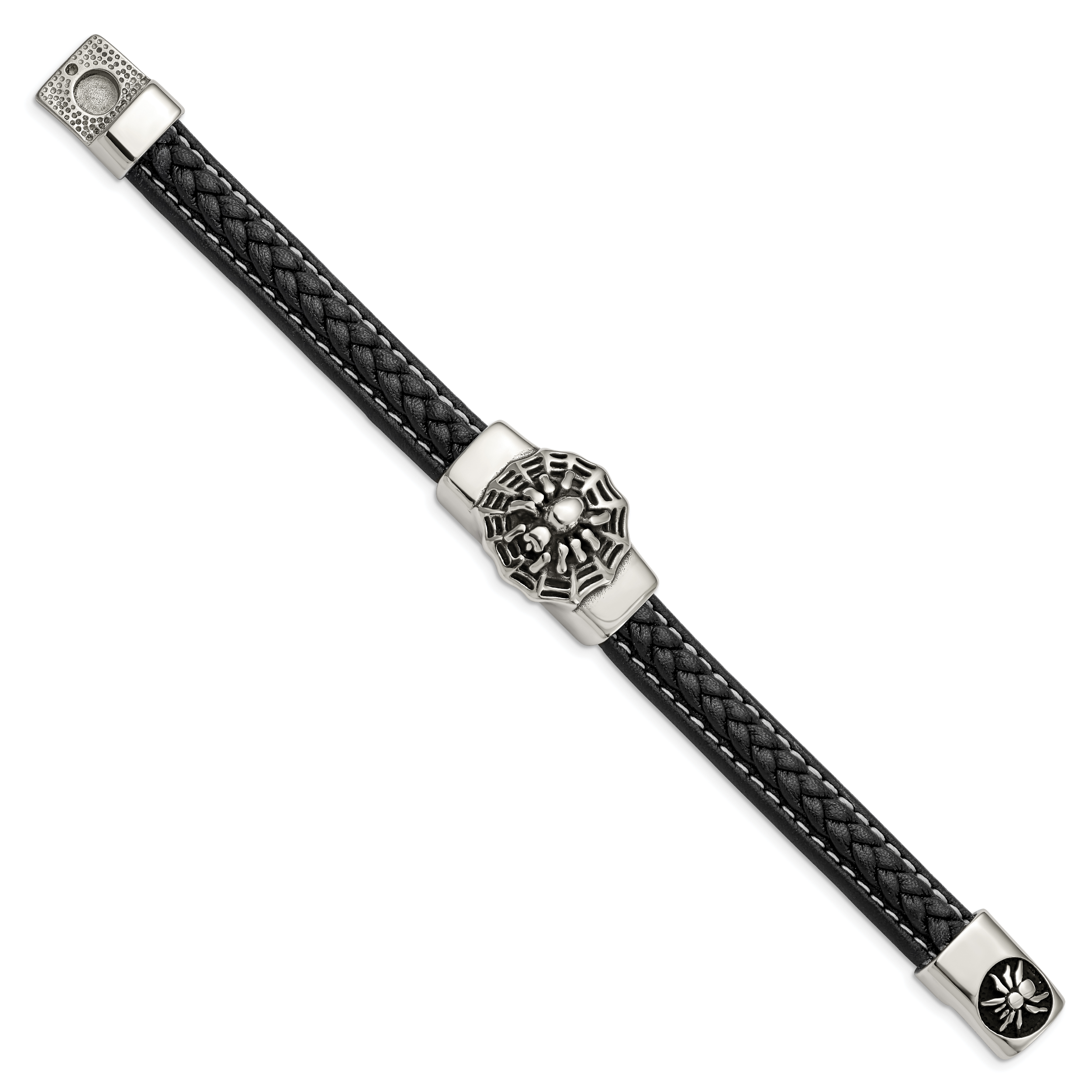 Stainless Steel Antiqued and Polished Spider Black Braided Faux Leather Bracelet for Men Secondary image