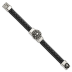 Stainless Steel Antiqued and Polished Spider Black Braided Faux Leather Bracelet for Men