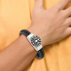 Stainless Steel Antiqued and Polished Spider Black Braided Faux Leather Bracelet for Men