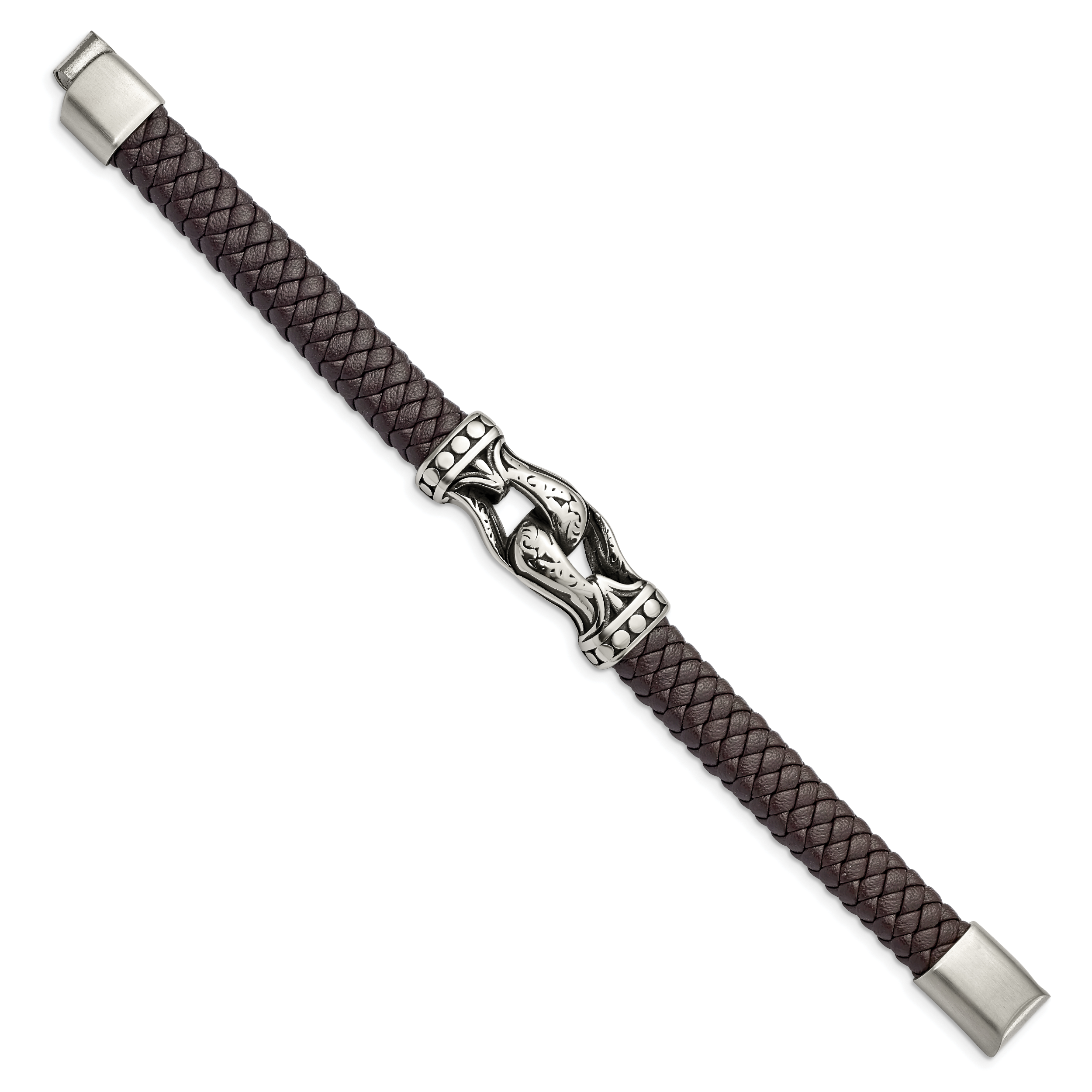 Stainless Steel Antiqued and Polished Dark Brown Braided Faux Leather Bracelet for Men Secondary image