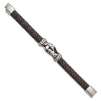 Stainless Steel Antiqued and Polished Dark Brown Braided Faux Leather Bracelet for Men