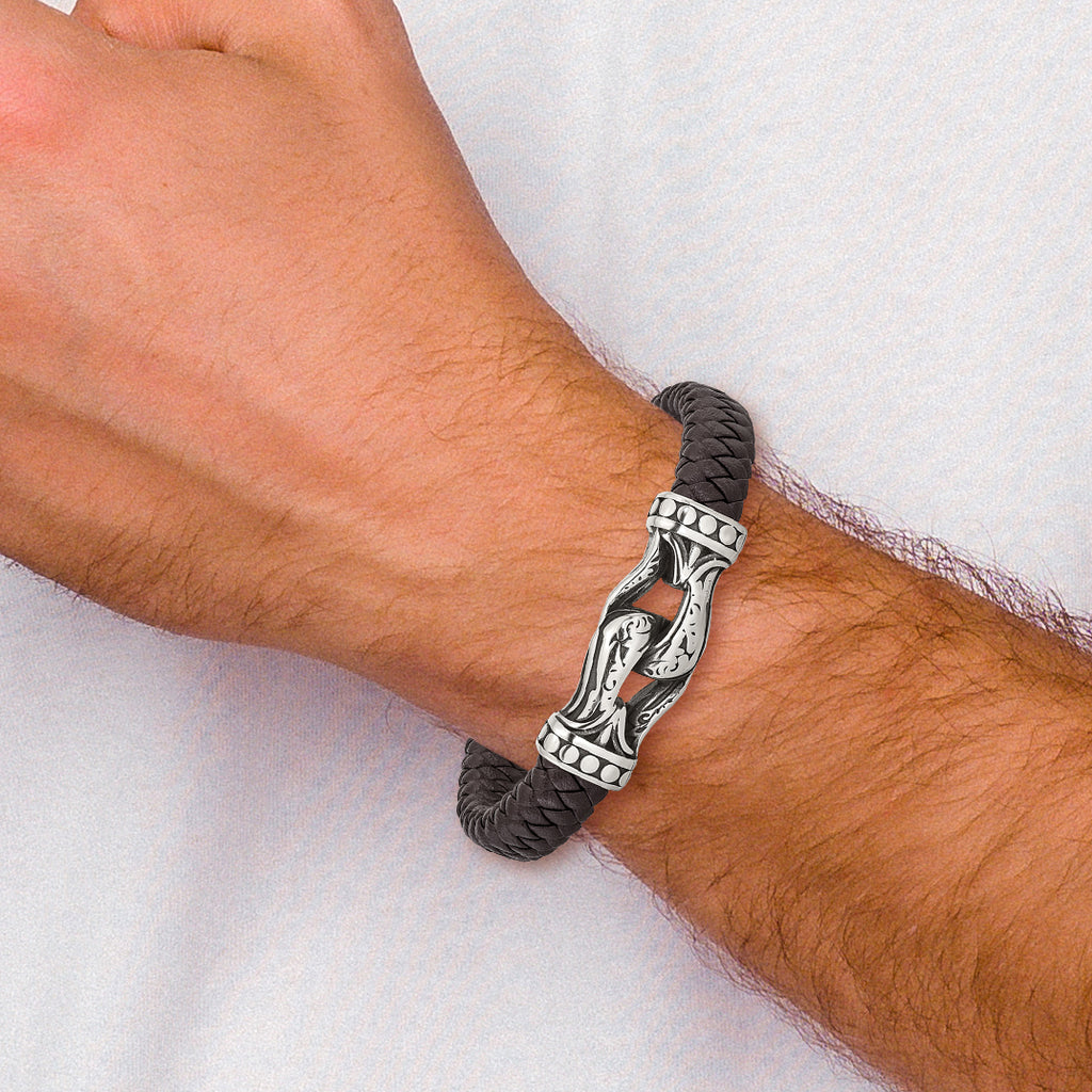 Stainless Steel Antiqued and Polished Dark Brown Braided Faux Leather Bracelet for Men