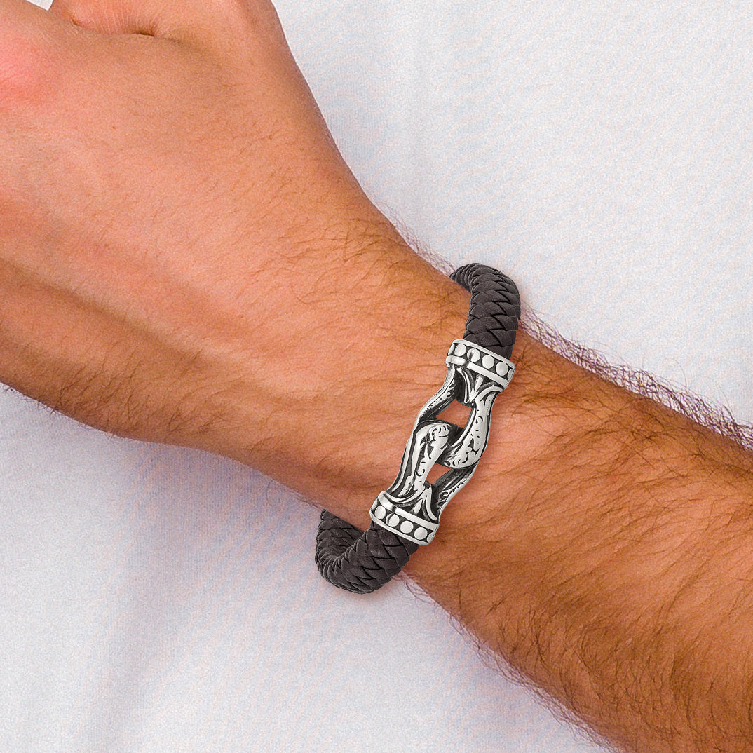Stainless Steel Antiqued and Polished Dark Brown Braided Faux Leather Bracelet for Men