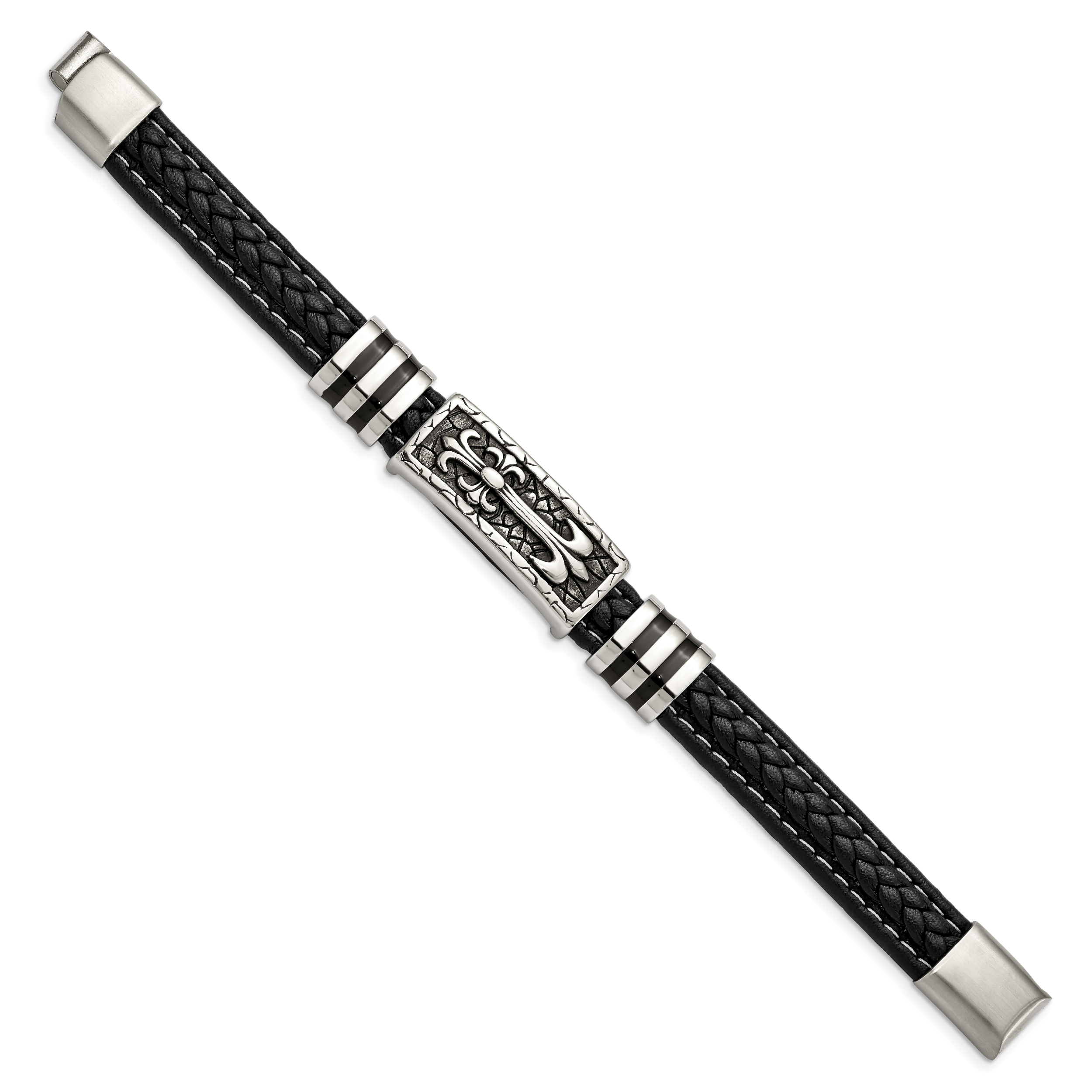 Stainless Steel Antiqued and Polished with Enamel Cross Black Faux Leather Bracelet for Men