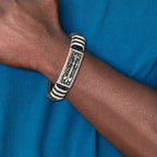 Stainless Steel Antiqued and Polished with Enamel Cross Black Faux Leather Bracelet for Men