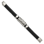 Stainless Steel Antiqued & Polished Black Faux Leather Bracelet for Men