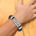 Stainless Steel Antiqued & Polished Black Faux Leather Bracelet for Men