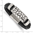 Stainless Steel Antiqued & Polished Black Faux Leather Bracelet for Men