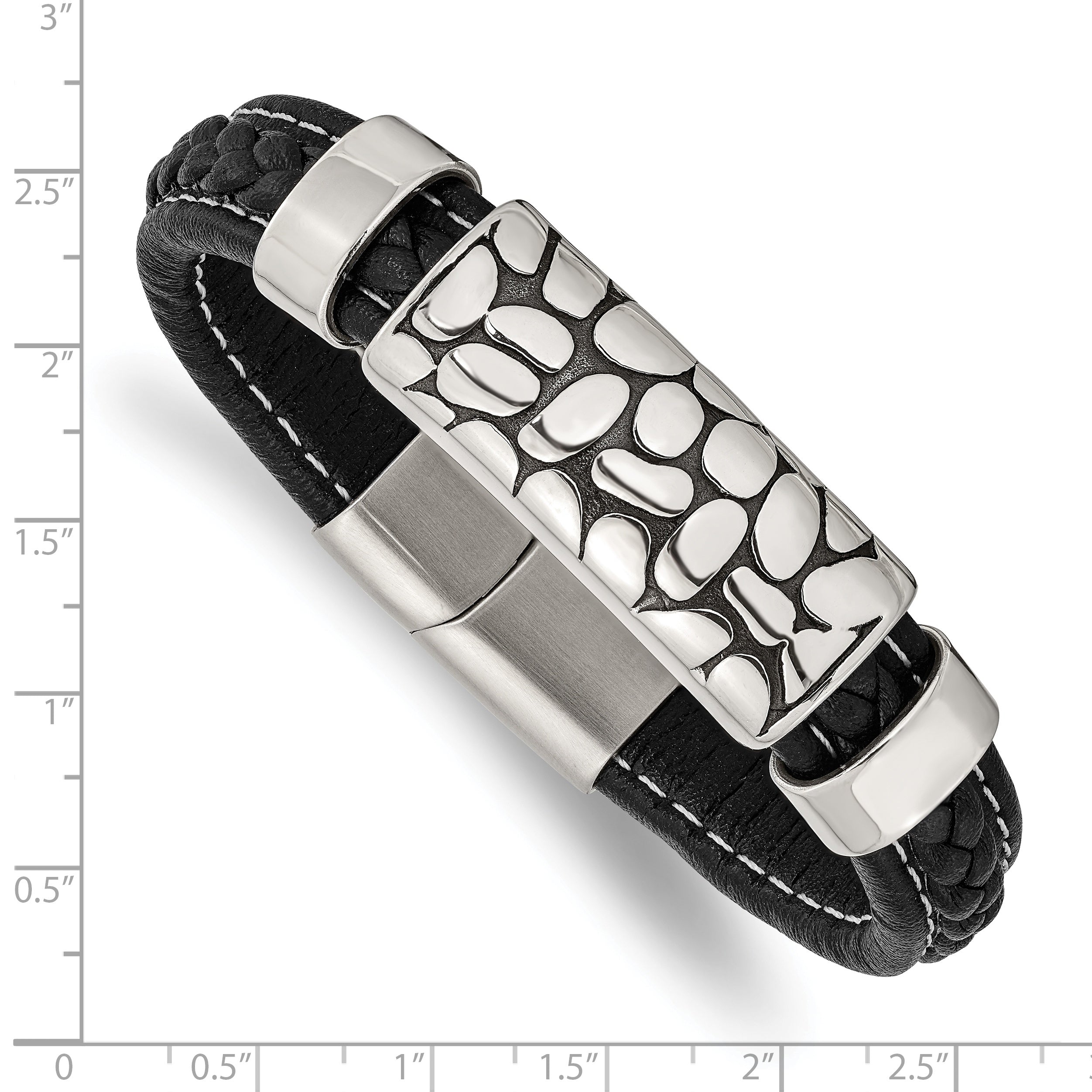 Stainless Steel Antiqued & Polished Black Faux Leather Bracelet for Men