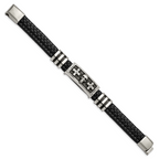 Stainless Steel Antiqued and Polished Enameled Skull with Crosses Black Braided Faux Leather Bracelet for Men