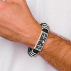 Stainless Steel Antiqued and Polished Enameled Skull with Crosses Black Braided Faux Leather Bracelet for Men