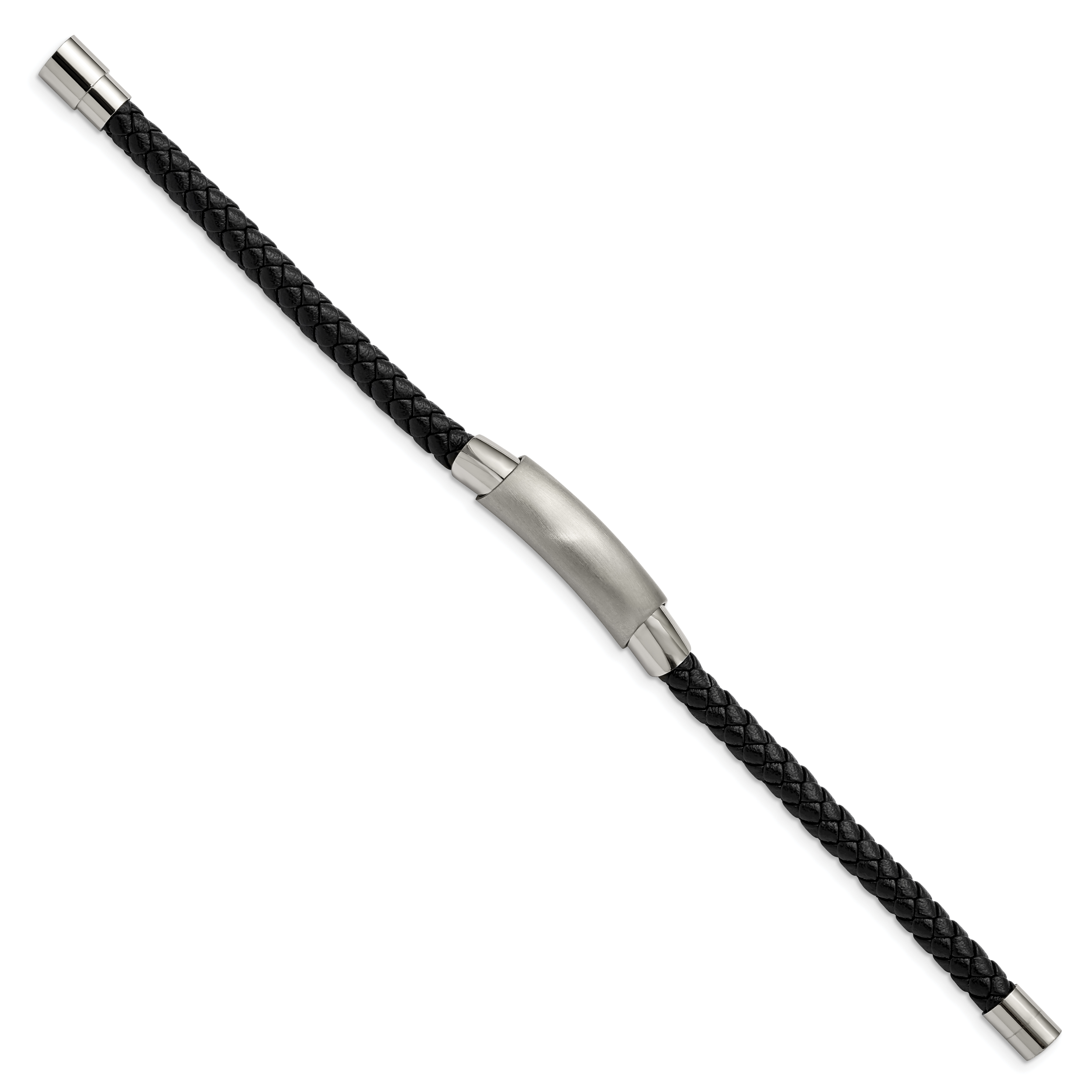 Stainless Steel Brushed and Polished Black Braided Leather Bracelet Secondary image