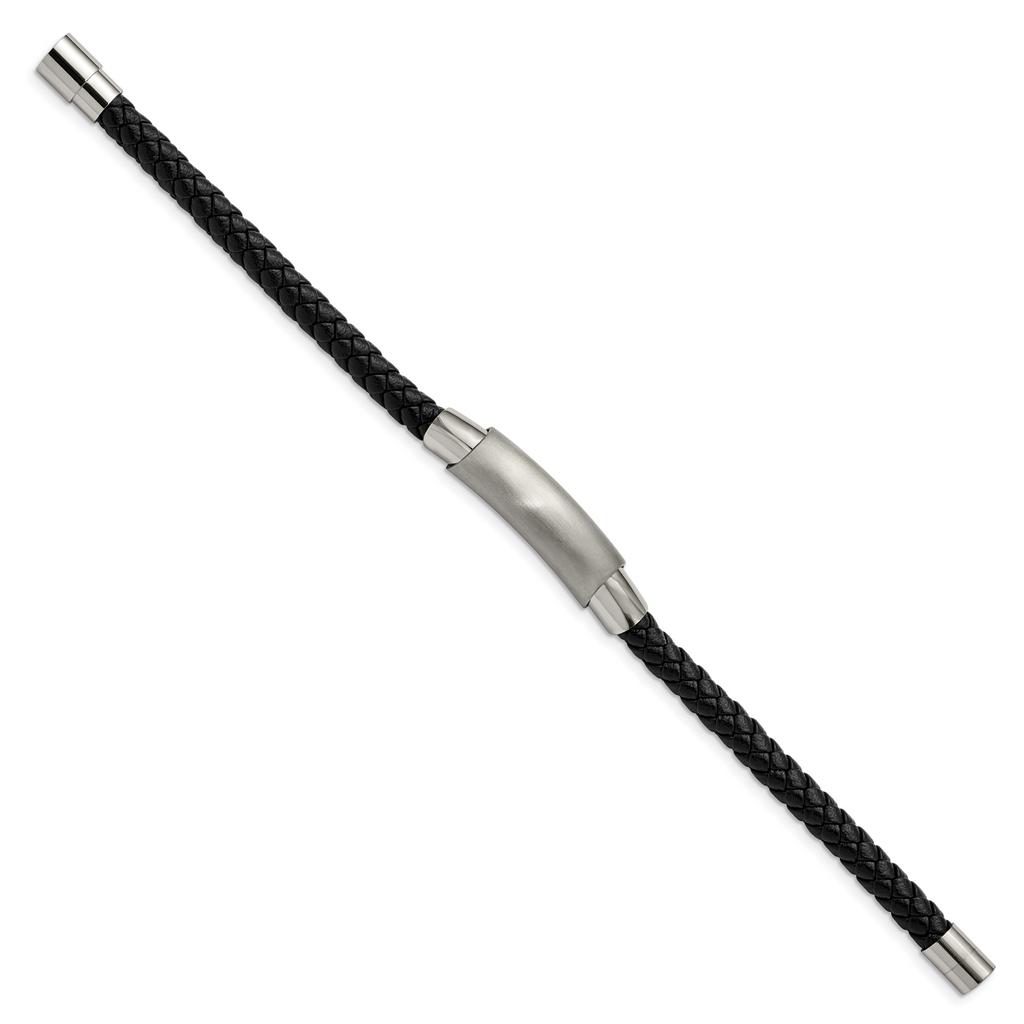 Stainless Steel Brushed and Polished Black Braided Leather Bracelet