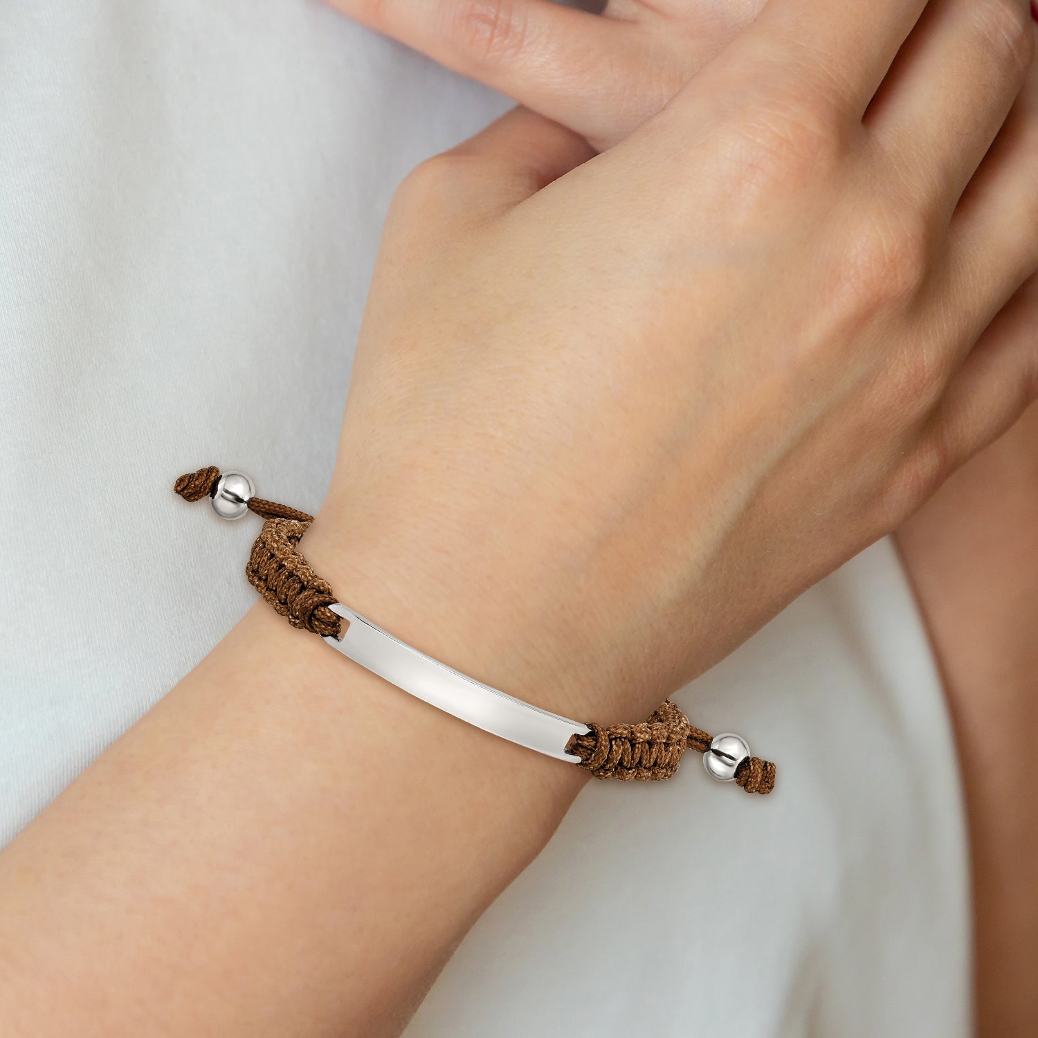 Stainless Steel Polished Brown Nylon Adjustable ID Bracelet
