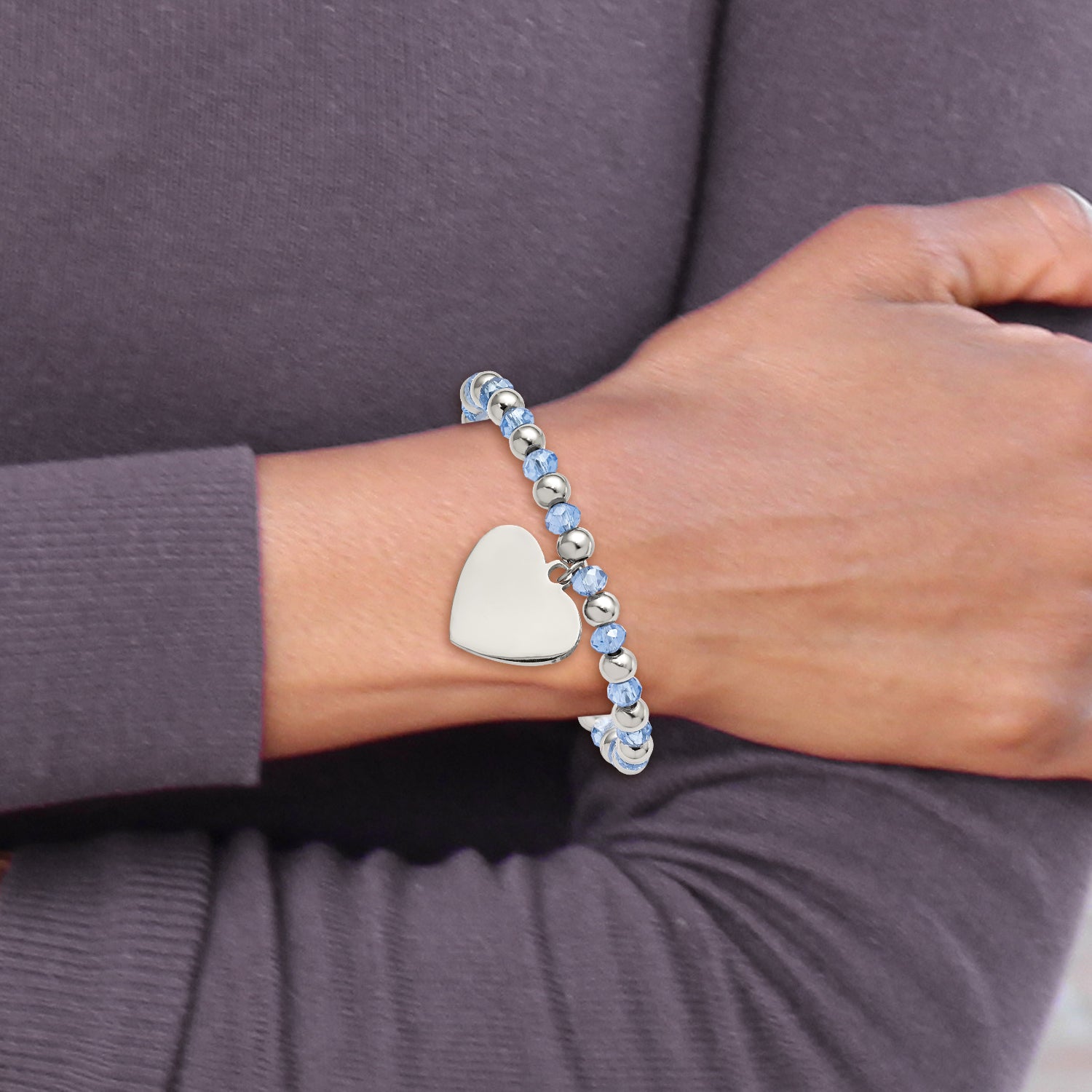Stainless Steel Polished Heart Dangle Blue Glass Beaded Stretch Bracelet for Women