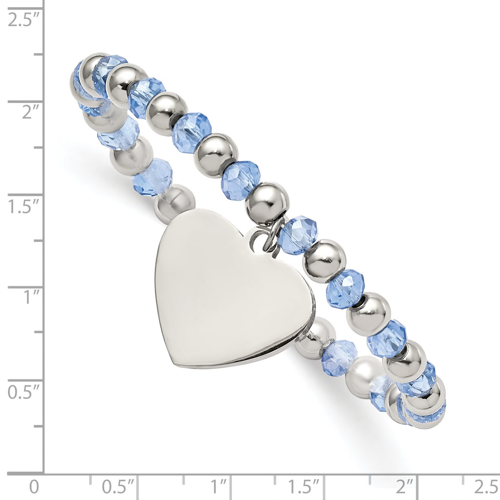 Stainless Steel Polished Heart Dangle Blue Glass Beaded Stretch Bracelet for Women