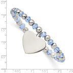 Stainless Steel Polished Heart Dangle Blue Glass Beaded Stretch Bracelet for Women