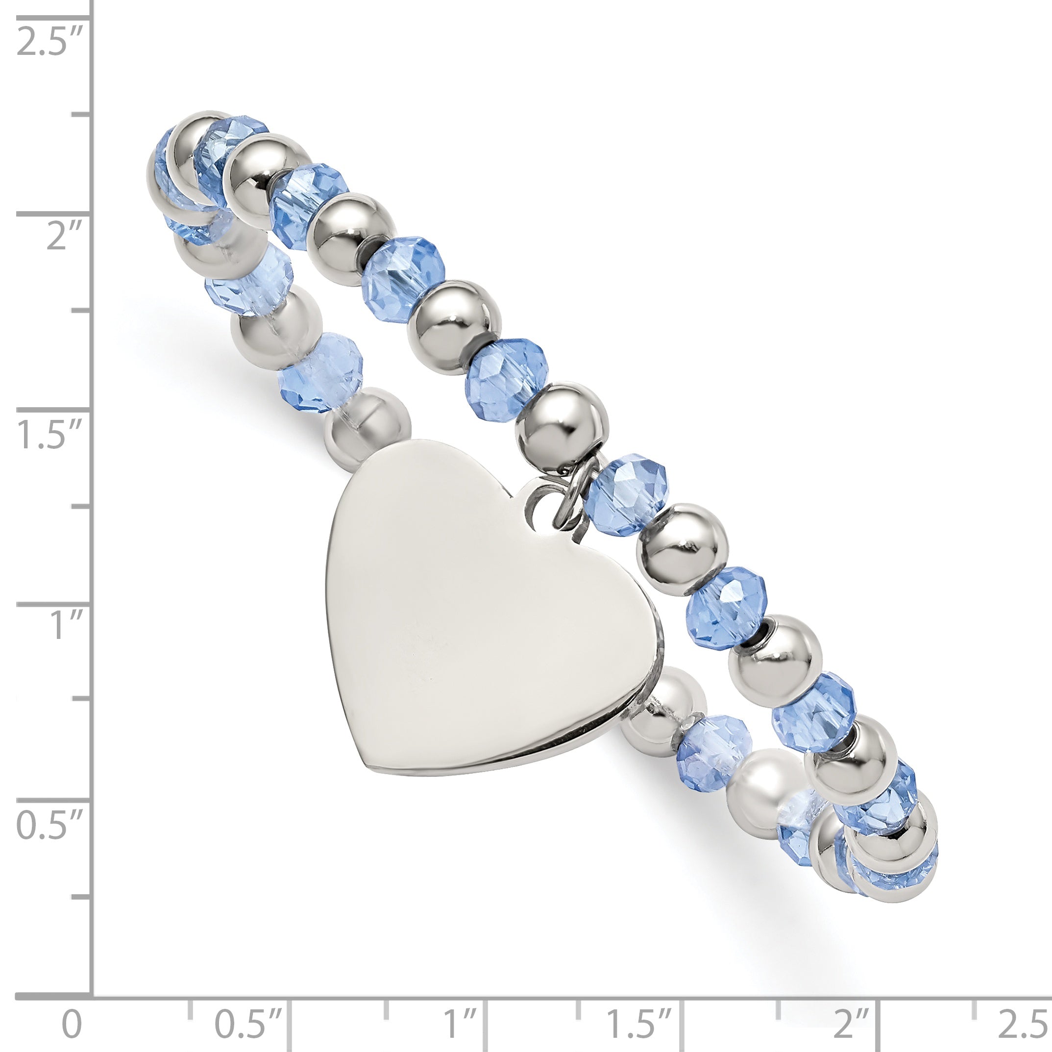 Stainless Steel Polished Heart Dangle Blue Glass Beaded Stretch Bracelet for Women